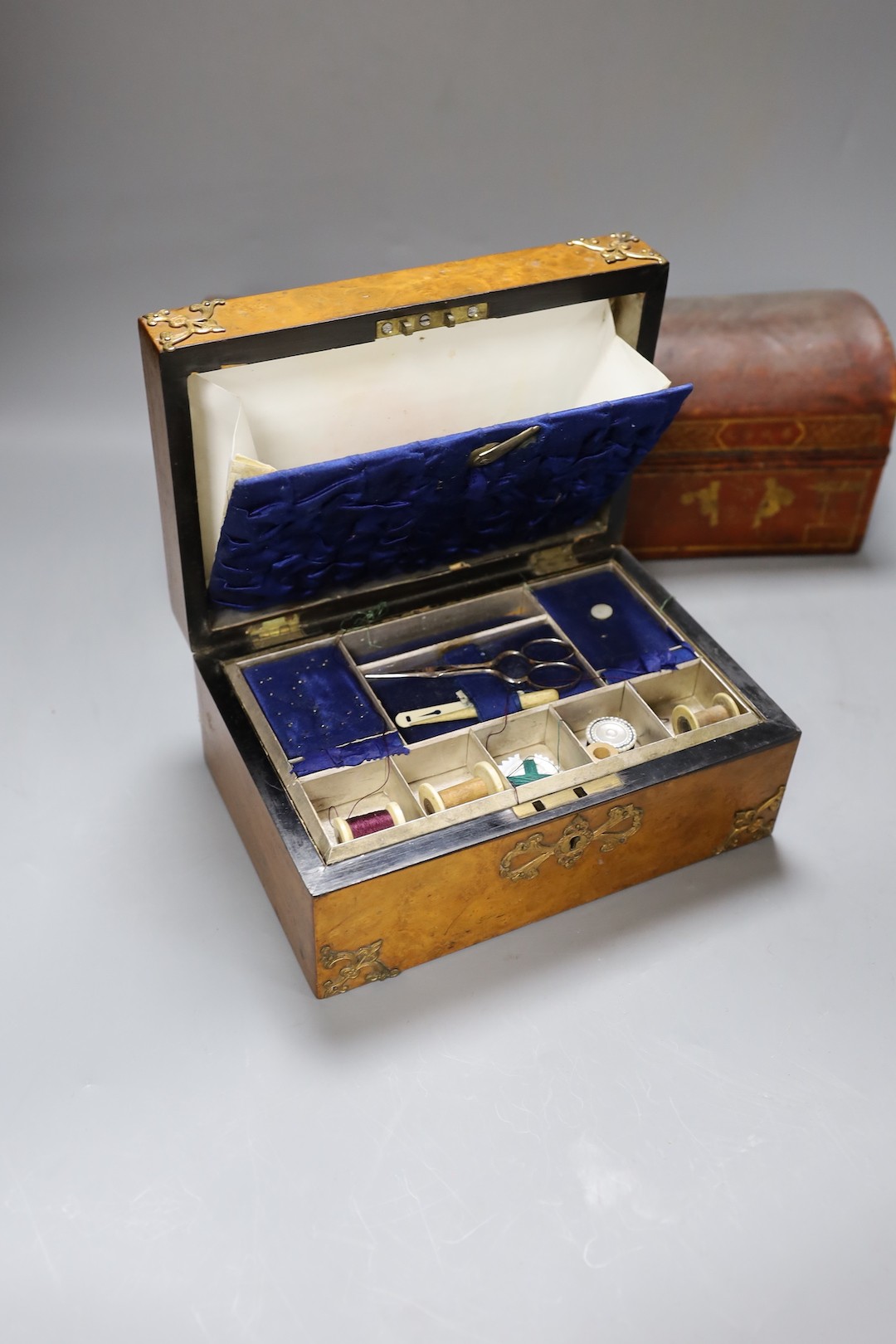 A Chinese leather clad box and Victorian burr walnut and ormolu mount jewellery box (2), Chinese box, 37cms wide.